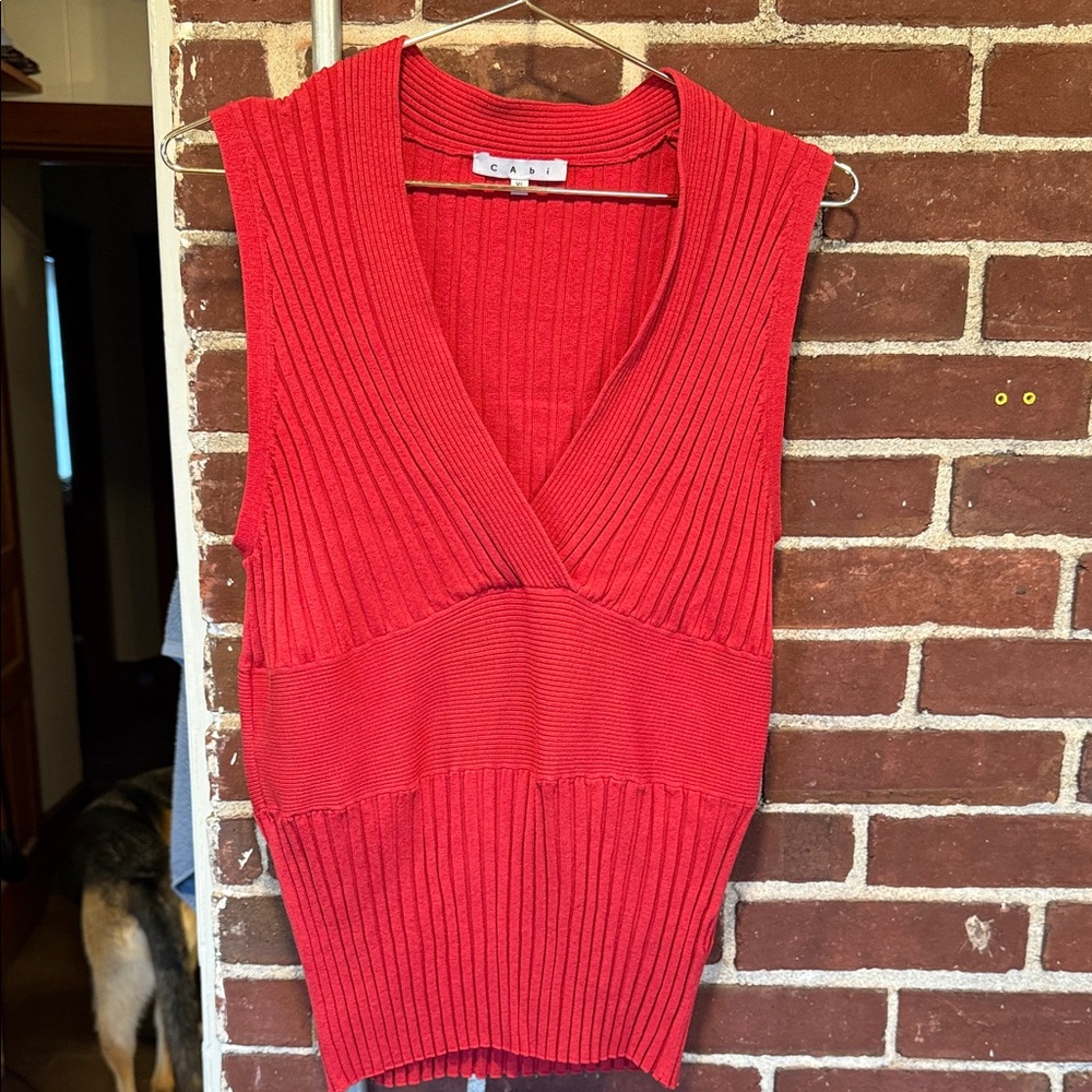 CAbi Red V-Neck, sleeveless, ribbed knit top